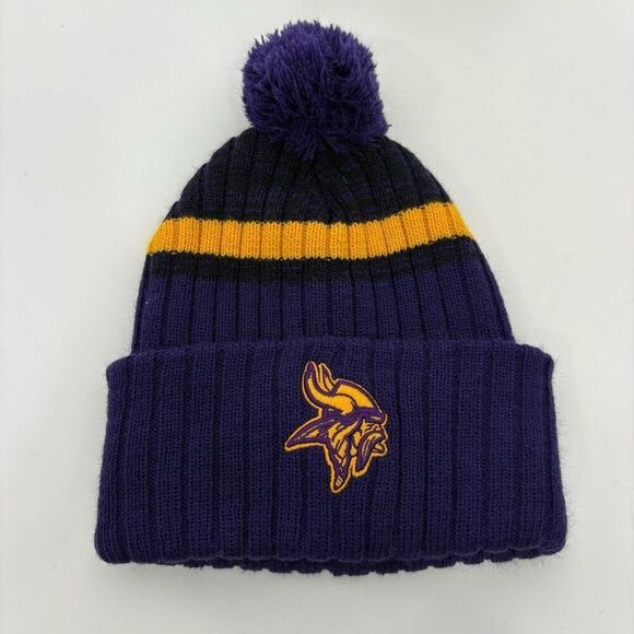 NFL Minnesota Vikings Football Purple Pom Pom Cuffed Winter Hat One Size Unisex - Picture 1 of 8